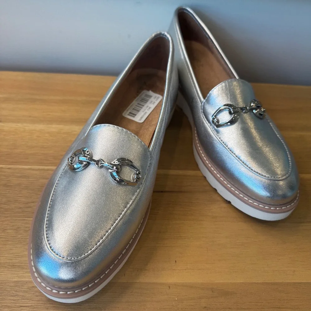 Naturalizer Adiline-Bit Women 9.5 M Metallic Silver Leather Platform Loafers